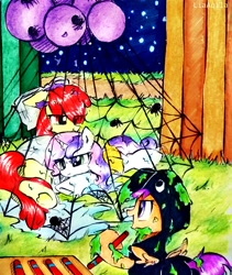 Size: 2121x2518 | Tagged: safe, artist:liaaqila, apple bloom, scootaloo, sweetie belle, spider, g4, cute, cutie mark crusaders, high res, spider web, traditional art, wet, wet mane