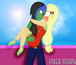 Size: 2064x1760 | Tagged: safe, artist:cyber-murph, applejack, oc, oc:lightning voice, equestria girls, equestria girls series, g4, spring breakdown, beret, blushing, canon x oc, carrying, clothes, dress, female, geode of super strength, glasses, hat, jeans, kissing, legs, lesbian, magical geodes, pants, ponytail, shorts, signature, sleeveless, sleeveless dress, surprise kiss, surprised, tank top