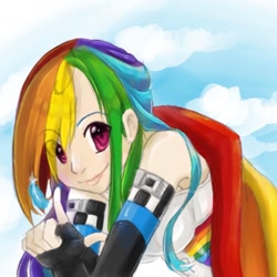 Size: 1440x1440 | Tagged: safe, artist:imalune, rainbow dash, human, g4, humanized, looking at you, sky