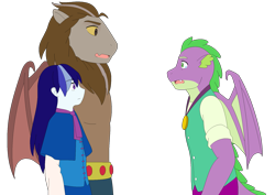Size: 1909x1351 | Tagged: safe, artist:fantasygerard2000, majesty, scorpan, spike, dragon, gargoyle, human, anthro, g4, clothes, crying, female, headcanon, male, medal, medallion, open mouth, scorpan is spike's daddy, simple background, transparent background, wings