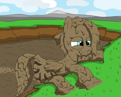 Size: 2000x1600 | Tagged: safe, artist:amateur-draw, fluttershy, pegasus, pony, g4, 90s grunge fluttershy, baseball cap, cap, clothes, covered in mud, crawling, female, hat, mare, messy, mud, mud bath, muddy, simple background, skirt, smiling, solo, tired, wet and messy