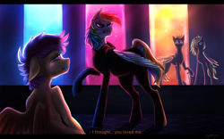 Size: 4000x2500 | Tagged: safe, artist:nyanpiyaa, rainbow dash, scootaloo, oc, oc:h8-seed, oc:wooden toaster, pegasus, pony, fanfic:rainbow factory, g4, angry, bodysuit, clothes, creepypasta, crying, factory, fake screencap, fanfic art, female, foal, folded wings, glare, letterboxing, liquid rainbow, male, mare, mask, rainbow factory dash, raised hoof, sad, spectra, speedpaint available, subtitles, wings