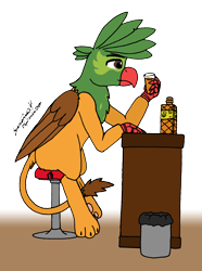 Size: 6044x8106 | Tagged: safe, artist:summerium, oc, oc only, oc:kalimu, griffon, alcohol, bottle, counter, glass, male, sierra nevada, simple background, solo, stool, transparent background, trash can, whiskey