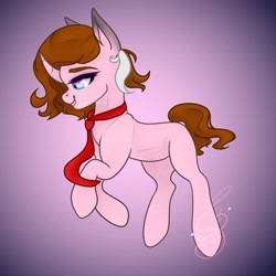 Size: 938x938 | Tagged: safe, artist:nel_liddell, oc, oc only, pony, unicorn, curved horn, ear piercing, earring, gradient background, horn, jewelry, necktie, piercing, signature, solo, unicorn oc