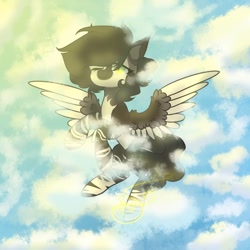 Size: 1080x1080 | Tagged: safe, artist:nel_liddell, oc, oc only, pegasus, pony, cloud, flying, one eye closed, pegasus oc, solo, two toned wings, wings, wink