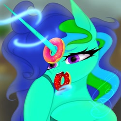 Size: 771x770 | Tagged: safe, artist:nel_liddell, oc, oc only, pony, unicorn, g4, bust, cute, donut, eyelashes, food, glowing horn, horn, horn impalement, mouth hold, signature, solo, unicorn oc