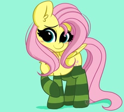 Size: 1800x1630 | Tagged: safe, artist:kittyrosie, fluttershy, pegasus, pony, g4, blushing, clothes, cute, female, green background, mare, shyabetes, simple background, socks, solo, striped socks