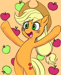 Size: 1264x1576 | Tagged: safe, artist:haibaratomoe, applejack, earth pony, pony, g4, apple, bipedal, cute, female, jackabetes, mare, open mouth, orange background, simple background, smiling, solo, that pony sure does love apples