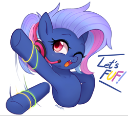 Size: 3600x3273 | Tagged: safe, artist:maren, oc, oc only, oc:bit rate, earth pony, pony, cute, female, fuf, glow rings, headset, high res, mare, one eye closed, simple background, solo, waving, white background, wink