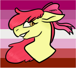 Size: 260x233 | Tagged: safe, artist:pawstheartest, apple bloom, earth pony, pony, g4, bow, bust, female, filly, hair bow, headcanon, lgbt headcanon, pride, pride flag, sexuality headcanon, smiling, solo