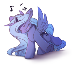 Size: 2792x2665 | Tagged: safe, artist:hitbass, princess luna, alicorn, pony, g4, cute, dancing, eyes closed, female, frog (hoof), high res, lunabetes, mare, music notes, raised hoof, s1 luna, simple background, solo, underhoof, white background