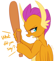 Size: 2139x2400 | Tagged: safe, artist:maren, smolder, dragon, g4, baseball bat, female, high res, looking back, simple background, solo, this will end in death, this will end in tears, this will end in tears and/or death, white background