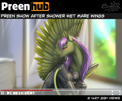 Size: 1200x1000 | Tagged: safe, artist:sunny way, oc, oc only, oc:semantic texture, cyborg, pegasus, pony, after shower, bathroom, blushing, cleaning, cute, feather, female, grooming, hilarious in hindsight, lewd, mare, patreon, patreon reward, preenhub, preening, shiny, shower, shy, solo, spread wings, sternocleidomastoid, video, wet, wings