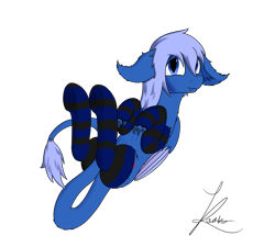 Size: 2000x1800 | Tagged: safe, artist:thekamko, oc, oc only, oc:kamko blueblood, bat pony, dracony, dragon, hybrid, pony, claws, clothes, cute, cute little fangs, ear fluff, embarrassed, fangs, floppy ears, lying down, on back, simple background, socks, solo, striped socks, thigh highs, transparent background