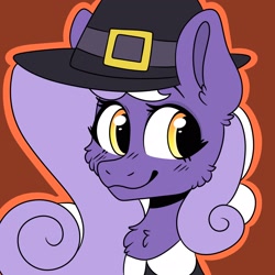 Size: 2048x2048 | Tagged: safe, oc, oc only, oc:aether naut, earth pony, pony, bust, chest fluff, clothes, earth pony oc, female, hat, high res, mare, orange background, simple background, smiling, solo