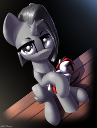 Size: 2500x3300 | Tagged: safe, artist:shido-tara, oc, oc only, oc:blackjack, oc:somber, pony, unicorn, fallout equestria, fallout equestria: project horizons, high res, looking at you, plushie, simple background, solo, toy