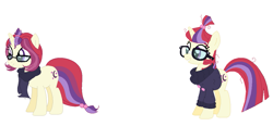 Size: 1159x540 | Tagged: safe, artist:browniesucks-verse, moondancer, pony, unicorn, g4, clothes, female, glasses, mare, redesign, scarf, simple background, solo, sweater, white background