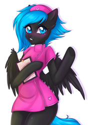 Size: 2039x2894 | Tagged: safe, artist:whiteraven, oc, oc only, oc:blackout, pegasus, semi-anthro, arm hooves, blushing, clothes, female, high res, mare, nurse, simple background, spread wings, white background, wings