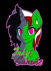 Size: 504x697 | Tagged: safe, artist:inkynotebook, oc, oc only, oc:inky notebook, oc:wandering sunrise, pony, unicorn, fallout equestria: dead tree, black background, bust, female, horn, mare, simple background, smiling, solo, split screen, two-face, unicorn oc
