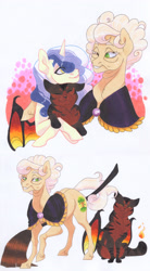 Size: 2548x4622 | Tagged: safe, artist:frozensoulpony, goldie delicious, oc, oc:wyken pippen, pony, unicorn, g4, bat wings, broom, offspring, parent:applejack, parent:prince blueblood, parents:bluejack, traditional art, winged cat, wings