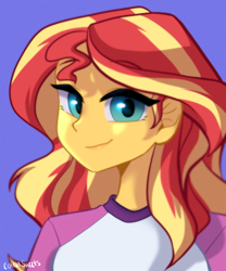 Size: 1000x1200 | Tagged: safe, artist:cottonsweets, sunset shimmer, equestria girls, g4, my little pony equestria girls: legend of everfree, bust, camp everfree outfits, female, looking at you, purple background, simple background, solo