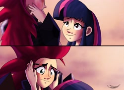 Size: 4096x2978 | Tagged: safe, artist:ringteam, tempest shadow, twilight sparkle, human, g4, my little pony: the movie, blushing, crying, female, humanized, lesbian, ship:tempestlight, shipping, smiling, teary eyes