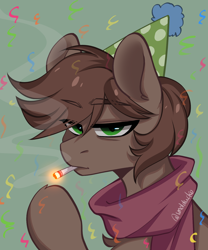Size: 1190x1432 | Tagged: safe, artist:cottonsweets, oc, oc only, oc:brewer, oc:noble brew, earth pony, pony, birthday, birthday gift art, cigarette, clothes, confetti, gift art, happy birthday, hat, party hat, scarf, simple background, smoking, solo
