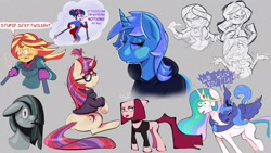 Size: 1920x1080 | Tagged: safe, artist:another_pony, lyra heartstrings, marble pie, moondancer, princess celestia, princess luna, sci-twi, sunset shimmer, twilight sparkle, alicorn, earth pony, pony, unicorn, fanfic:background pony, equestria girls, g4, art dump, ass, blushing, bodysuit, butt, clone high, clothes, dialogue, dig the swell hoodie, feels like i'm wearing nothing at all, female, gray background, hoodie, hooves around shoulder, hug, joan of arc, lesbian, looking at you, mare, open mouth, ponified, s1 luna, ship:sci-twishimmer, ship:sunsetsparkle, shipping, siblings, simple background, simpsons did it, sisters, sitting, skintight clothes, speech bubble, stupid sexy flanders, stupid sexy moondancer, stupid sexy sci-twi, stupid sexy twilight, text