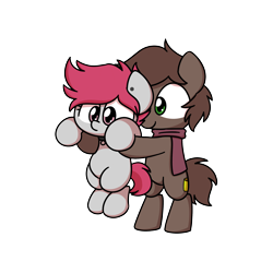 Size: 2500x2500 | Tagged: safe, artist:sugar morning, oc, oc only, oc:brewer, oc:noble brew, oc:rose red, earth pony, pony, adorkable, commission, cute, dork, german, high res, holding, holding a pony, lil baby man, simple background, smol, transparent background, ych result