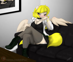 Size: 1200x1024 | Tagged: safe, artist:miniferu, oc, oc only, oc:mediclace, pegasus, anthro, advertisement, boots, casting couch, clothes, collar, commission, female, high heel boots, lab coat, patreon, shoes, solo