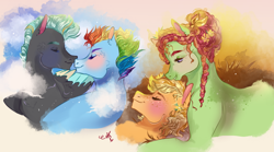 Size: 1000x555 | Tagged: safe, artist:bunnari, applejack, rainbow dash, thunderlane, tree hugger, earth pony, pegasus, pony, g4, alternate hairstyle, applehugger, bedroom eyes, blushing, boop, eyes closed, female, flower, flower in hair, freckles, grin, lesbian, male, mare, noseboop, nuzzling, scar, shipping, smiling, stallion, straight, thunderdash