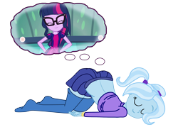 Size: 3000x2145 | Tagged: safe, artist:gmaplay, sci-twi, trixie, twilight sparkle, equestria girls, g4, alternate hairstyle, babysitter trixie, clothes, eyes closed, female, high res, hoodie, lesbian, ship:sci-twixie, ship:twixie, shipping, simple background, skirt, sleeping, thigh socks, top down rear up, transparent background