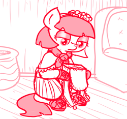 Size: 640x600 | Tagged: safe, artist:ficficponyfic, part of a set, oc, oc only, oc:mulberry telltale, cyoa:madness in mournthread, bag, blank stare, boots, chair, clothes, cyoa, eyeshadow, flower, frills, headband, jug, lidded eyes, makeup, monochrome, mystery, neckerchief, neutral, part of a series, pot, shawl, shoes, sitting, story included
