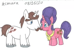 Size: 1290x894 | Tagged: safe, artist:cmara, cookie crumbles, hondo flanks, pony, unicorn, g4, facial hair, female, male, mare, moustache, ship:cookieflanks, shipping, simple background, stallion, straight, traditional art, unshorn fetlocks, white background
