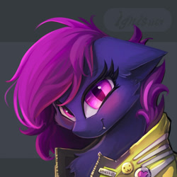Size: 2000x2000 | Tagged: safe, artist:ignis, oc, oc only, oc:presh twirl, bat pony, pony, bust, clothes, coat, cyberpunk, high res, portrait, simple background, solo