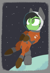 Size: 1345x1952 | Tagged: safe, artist:enragement filly, oc, oc only, oc:filly anon, pegasus, pony, astronaut, female, filly, floating, helmet, simple background, solo, space, spacesuit