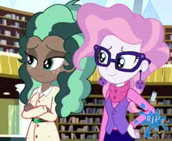 Size: 1280x1050 | Tagged: safe, artist:rjp.rammy, minty mocha, raspberry latte, equestria girls, g4, bedroom eyes, belt, book, clothes, coat, duo, ear piercing, earring, equestria girls-ified, female, freckles, glasses, jewelry, library, piercing, shirt, skirt, sweater, vest