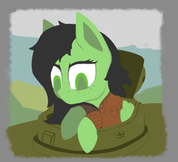 Size: 1287x1167 | Tagged: safe, artist:enragement filly, oc, oc only, oc:filly anon, pegasus, pony, cupola, female, filly, simple background, solo, tank (vehicle), tank commander
