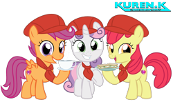 Size: 1900x1220 | Tagged: safe, artist:kuren247, apple bloom, scootaloo, sweetie belle, earth pony, pegasus, pony, unicorn, g4, adorabloom, coffee, crossover, cute, cutie mark, cutie mark crusaders, drink, female, filly, food, hat, looking at you, meme, pokemon cafe mix, sandwich, simple background, smiling, smiling at you, the cmc's cutie marks, transparent background, vector