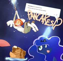 Size: 2048x1997 | Tagged: safe, artist:happypaca, princess luna, oc, oc:comet radiance, pony, equestria girls, g4, ask, barefoot, feet, food, jewelry, necklace, pancakes, starry eyes, tumblr, wingding eyes