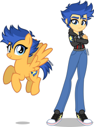 Size: 2956x4000 | Tagged: safe, artist:orin331, flash sentry, human, pegasus, pony, equestria girls, g4, alternate hairstyle, clothes, converse, crossed arms, equestria guys, female, flare warden, flying, hoodie, human ponidox, jeans, mare, pants, raised hoof, raised leg, rule 63, self paradox, self ponidox, shirt, shoes, simple background, smiling, smirk, sneakers, t-shirt, tomboy, transparent background