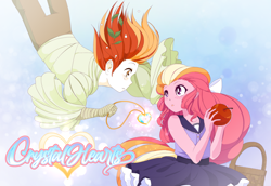 Size: 1280x882 | Tagged: safe, artist:happypaca, oc, oc:comet radiance, oc:honeycrisp blossom, equestria girls, g4, abstract background, apple, basket, clothes, dress, duo, falling, female, food, jewelry, looking at each other, male, necklace, offspring, parent:big macintosh, parent:princess cadance, parents:cadmac