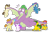 Size: 1280x845 | Tagged: safe, artist:aleximusprime, pound cake, princess flurry heart, pumpkin cake, spike, oc, oc:annie smith, oc:apple chip, oc:storm streak, alicorn, dragon, earth pony, pegasus, pony, unicorn, flurry heart's story, g4, apple twins, bow, cake twins, covering eyes, don't look at it, fat, fat spike, freckles, offspring, older, older flurry heart, older pound cake, older pumpkin cake, older spike, parent:applejack, parent:oc:thunderhead, parent:rainbow dash, parent:tex, parents:canon x oc, parents:texjack, peaking, pigtails, protecting, shielding face, siblings, simple background, surprised, think of the children, transparent background, twins, vector, winged spike, wings