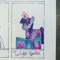 Size: 1080x1080 | Tagged: safe, alternate version, artist:sunshine_doodles36, twilight sparkle, alicorn, pony, g4, book, female, glowing horn, horn, magic, mare, smiling, solo, telekinesis, traditional art, twilight sparkle (alicorn)