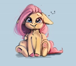 Size: 2659x2317 | Tagged: safe, artist:miokomata, fluttershy, pegasus, pony, g4, :3, blue background, blushing, colored hooves, cute, female, floppy ears, freckles, freckleshy, frog (hoof), grin, high res, looking at you, mare, shyabetes, simple background, sitting, smiling, solo, underhoof