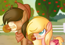 Size: 1089x750 | Tagged: safe, artist:oshisky, oc, oc only, oc:boomerang bud, oc:butterfly peach, earth pony, pegasus, pony, apple, apple tree, background used, base used, caramel apple (food), cousins, cowboy hat, duo, freckles, happy, hat, mouth hold, offspring, parent:applejack, parent:big macintosh, parent:fluttershy, parent:trouble shoes, parents:fluttermac, parents:troublejack, smiling, sweet apple acres, tree