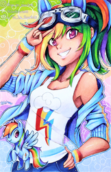 Size: 1650x2550 | Tagged: safe, artist:yoimscarlett, kotobukiya, rainbow dash, human, pegasus, pony, g4, female, human ponidox, humanized, kotobukiya rainbow dash, self ponidox, signature, smiling, solo, traditional art