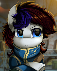 Size: 1424x1764 | Tagged: safe, artist:pridark, oc, oc only, earth pony, pony, blue eyes, clothes, crossed hooves, crossover, fallout, jumpsuit, patreon, patreon reward, solo, underhoof, vault suit, video game crossover