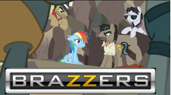 Size: 501x280 | Tagged: safe, edit, edited screencap, screencap, biff, doctor caballeron, pickpocket, rainbow dash, rogue (g4), withers, earth pony, pegasus, pony, daring done?, g4, brazzers, female, henchmen, male, mare, stallion