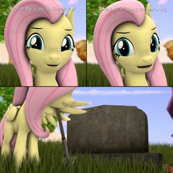 Size: 4096x4096 | Tagged: safe, artist:nocturnalfuzz, fluttershy, pegasus, pony, g4, 3d, comic, female, gravestone, looking at you, mare, meme, shovel, solo, source filmmaker, unboxing